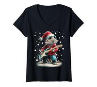 Mujer Navidad Dragón Barbudo Tocando Guitarra Músico Animal Camiseta Cuello V