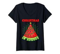 Mujer Navidad En Agosto Divertido Verano Árbol De Navidad Sandía Camiseta Cuello V