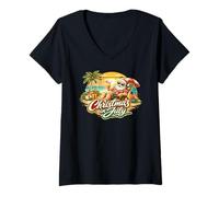 Mujer Navidad en Julio Santa Tropical Beach Sunset Escena Camiseta Cuello V