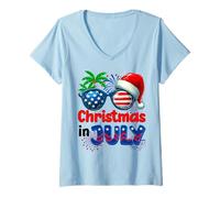 Mujer Navidad en Julio Verano Playa Hawaii Santa USA Bandera Hombre Camiseta Cuello V