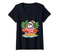 Mujer Navidad En Julio Verano Playa Hawaii Santa USA Camiseta Cuello V