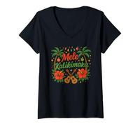 Mujer Navidad Hawaiana Mele Kalikimaka Ukelele Palm Tree Holiday Camiseta Cuello V