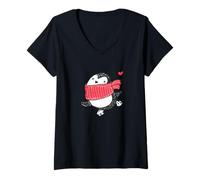 Mujer Navidad Lindo bebé pingüino w Bufanda Patinaje Hielo corazón Rojo Camiseta Cuello V