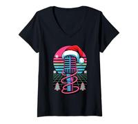 Mujer Navidad Micrófono Mic Cantante Podcast Anfitrión Podcaster Camiseta Cuello V