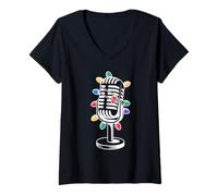Mujer Navidad Micrófono Mic Cantante Podcast Anfitrión Podcaster Camiseta Cuello V
