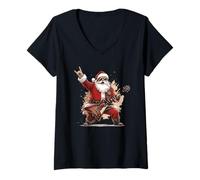 Mujer Navidad Santa Claus Guitarrista Rockstar Metalhead Music Camiseta Cuello V