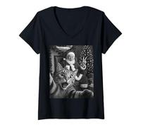 Mujer Navidad Santa Claus Merry X-Mas Funny Cat Selfie Hombres Mujeres Camiseta Cuello V