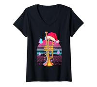 Mujer Navidad Synthwave Trompeta Trompetista Camiseta Cuello V