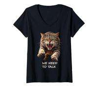 Mujer Necesitamos Hablar - Humor de Gato Tabby Feroz Ironía Shapes Mania Camiseta Cuello V