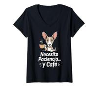 Mujer Necesito Paciencia y Café Perro Podenco Frase Divertida Camiseta Cuello V