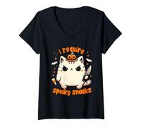 Mujer Necesito Spooky Snacks Moody Cat Halloween Camiseta Cuello V