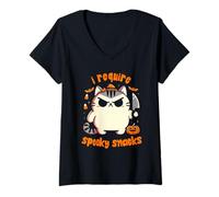 Mujer Necesito Spooky Snacks Moody Cat Halloween Camiseta Cuello V