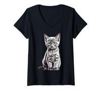 Mujer Negro Gato Cachorro Bosquejo Dibujo Arte Camiseta Cuello V