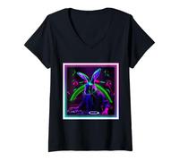 Mujer Neon DJ Bunny - Vibraciones de baile eléctricas Camiseta Cuello V