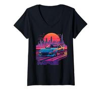 Mujer Neon Dreams: Coche deportivo japonés de los años 90 MR2 en Cyberpunk City Camiseta Cuello V
