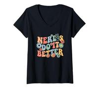 Mujer Nerds Do It Better - Divertidas Flores y Vasos Retro Groovy Camiseta Cuello V