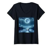 Mujer Nessie, el Monstruo del Lago Ness bajo la Luna Llena Camiseta Cuello V