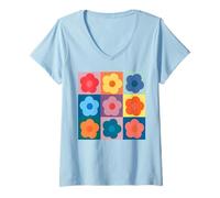 Mujer Neutral Checkerboard Daisy Color Flowers Retro Boho Floral Camiseta Cuello V