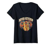Mujer Never Ketchup Salchicha a la Parrilla Humorístico Perro Caliente de Chicago Camiseta Cuello V