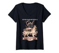 Mujer Never Stand Between A Girl and Her German Shepherd Floral Camiseta Cuello V