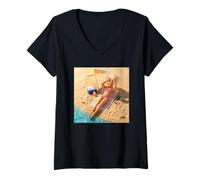 Mujer New Funny Distressed Female Doll Meme Sunbathing Summer Vibe Camiseta Cuello V