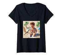 Mujer New Funny Distressed Male Doll Face Meme at Beach Camiseta Cuello V