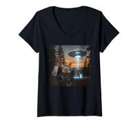 Mujer New Meme Cat and Cigarette, Grunge Cat Selfie UFO Bigfoot Camiseta Cuello V