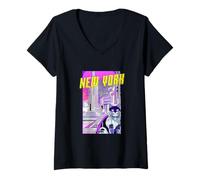 Mujer New York City Gato Anime Paisaje Urbano New York EE. UU. Camiseta Cuello V