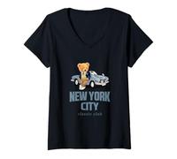 Mujer New York City Stylish Teddy Bear Illustration Graphic Design Camiseta Cuello V