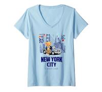 Mujer New York City Teddy Bear Illustration Graphic Design Camiseta Cuello V