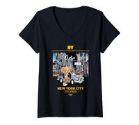 Mujer New York City Teddy Bear Stories Illustration Graphic Design Camiseta Cuello V