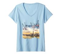 Mujer New York Skyline Tourist Souvenir Familia Hombres Mujeres Niños Niña Camiseta Cuello V