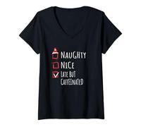 Mujer Nice Naughty Late But Caffeinated Christmas List Shirt Xmas Camiseta Cuello V