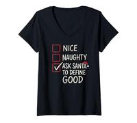 Mujer Nice Naughty Pídele a Santa Claus Que defina lo Bueno: Navidad Divertida Camiseta Cuello V