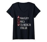 Mujer Nice Naughty Still Waiting For Flying Cars Shirt Xmas Camiseta Cuello V