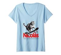 Mujer NICOLÁS - hermoso nombre de niño con gato y monopatín Camiseta Cuello V