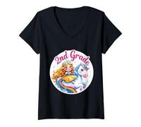 Mujer Niñas Princesa Montando Unicornio 2do Grado Regreso A Camiseta Cuello V