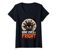 Mujer Nine Lives of Fright Funny Halloween Cat Camiseta Cuello V