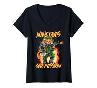 Mujer Nine Lives One Mission Cat con gráfico de Ametralladora M60 Camiseta Cuello V