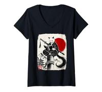 Mujer Ninja Cat Reading Book Lover Japanese Sumi-e Art Camiseta Cuello V
