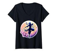Mujer Ninja Silhouette Moonlight Cherry Blossoms Japonés Samurai Camiseta Cuello V