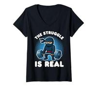Mujer Ninja The Struggle Is Real Halterofilia Gimnasio Divertido Camiseta Cuello V