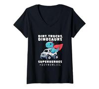 Mujer Niño Mamá Dinosaurio Monster Truck Superhéroe Dino Madre Camiseta Cuello V