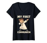 Mujer Niño Primera Comunión Católico Cristiano Eucaristía Dabbing Kid Camiseta Cuello V