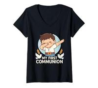Mujer Niño Primera Comunión Católico Cristiano Eucaristía Dabbing Kid Camiseta Cuello V