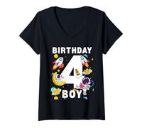 Mujer Niños 4º Cumpleaños Astronauta Planetas Espaciales Cuatro Años Camiseta Cuello V