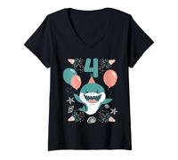Mujer Niños 4º cumpleaños Baby Shark 4º año de Edad, Regalo de Fiesta a Juego Camiseta Cuello V