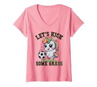 Mujer Niños Let's Kick Some Grass Soccer Unicorn Gym Girls Mom Camiseta Cuello V