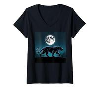 Mujer Niños Pantera Negra Luna Llena Árboles Sasquatch Black Panther Camiseta Cuello V