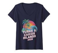 Mujer Niños Turks Islas Caicos 2026 Vacaciones Surfer Trip Moms BFF Camiseta Cuello V